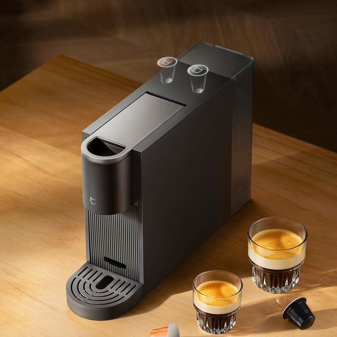 Xiaomi Mijia S1 capsule coffee machine, full top and front view with serving cups; props not included