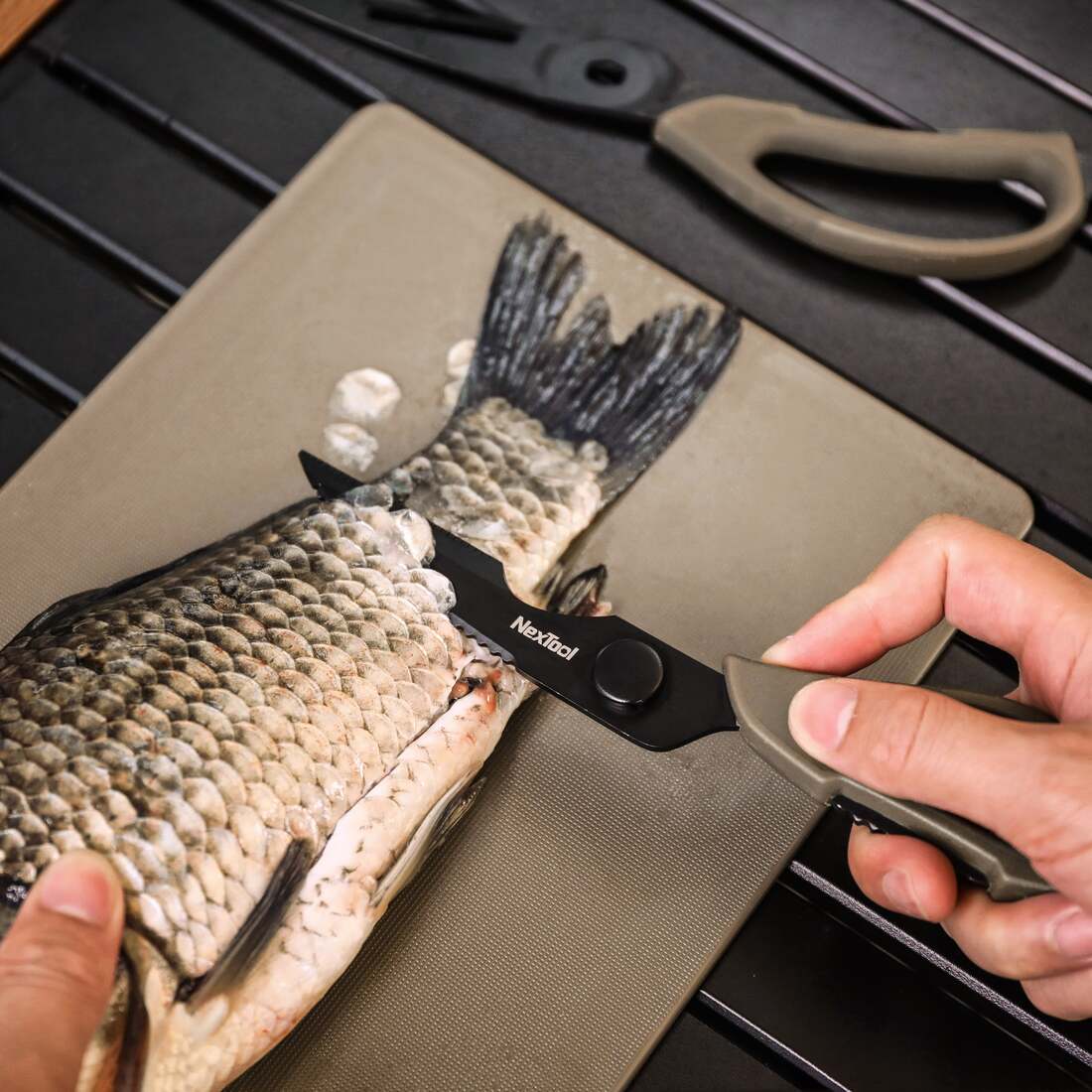 NexTool multifunction scissors used for fish preparation