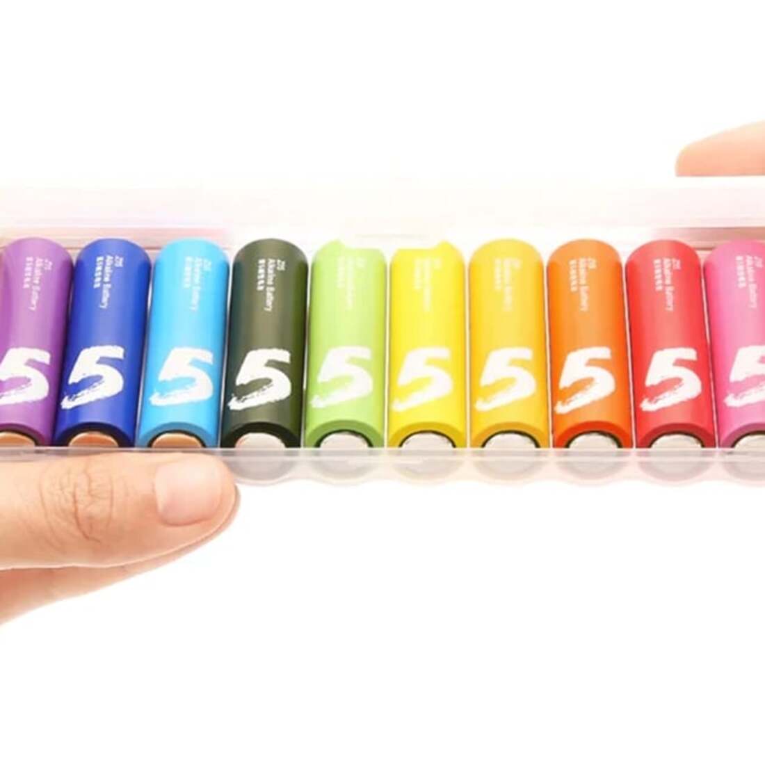 Xiaomi AA Rainbow Batteries in their reusable storage container