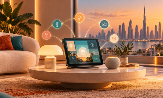 Conceptual smart-home dashboard illustration with connected devices in a Dubai apartment