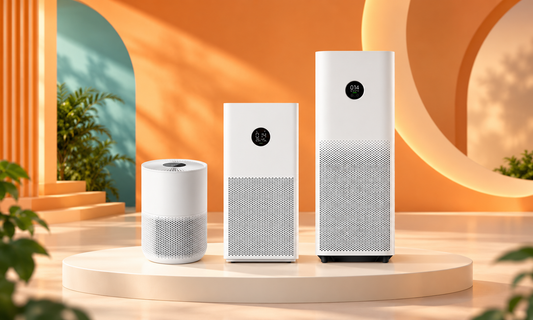 Xiaomi Air Purifier 4 Compact, 4 Lite and 4 Pro shown fully side by side on an orange and teal background