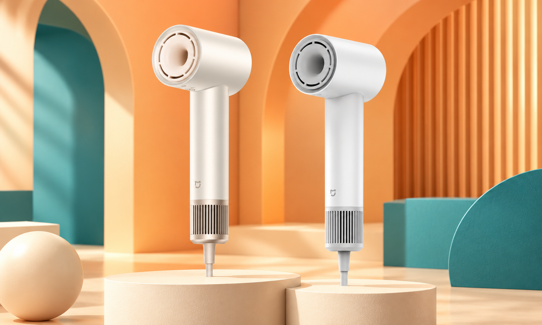 Xiaomi Mijia H501 and H501 SE high-speed hair dryers side by side in an orange, peach and teal studio