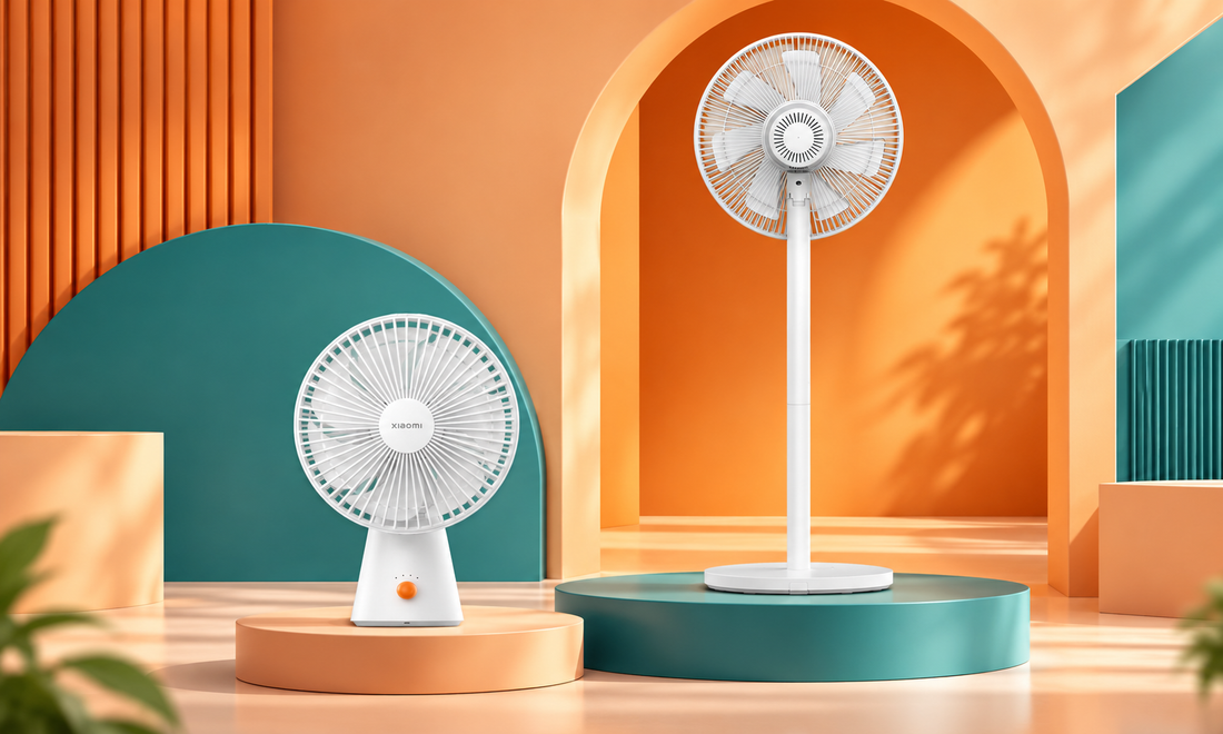 Xiaomi Rechargeable Mini Fan and Mi Smart Standing Fan 2 Lite together in an orange, peach and teal studio