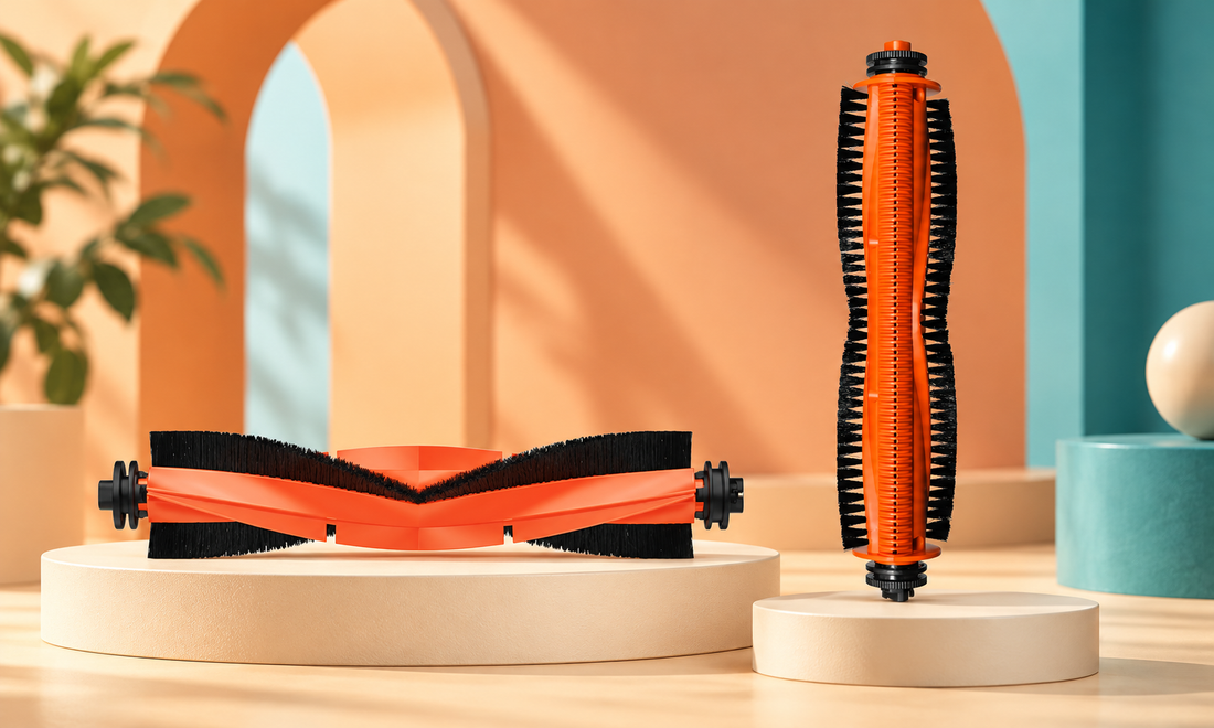 Xiaomi standard robot vacuum main brush and anti-tangle hair-cutting brush on orange, peach and teal pedestals
