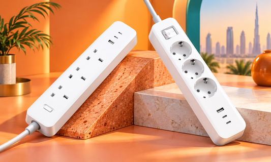 Xiaomi 20W Power Strip UK and European versions shown together in an orange and teal UAE studio