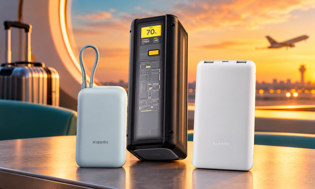 Three Xiaomi power banks beside carry-on luggage in an airport setting