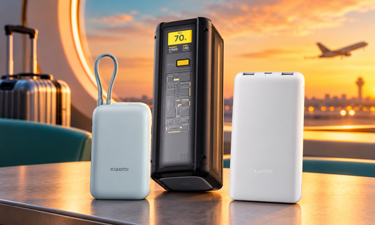 Three Xiaomi power banks beside carry-on luggage in an airport setting