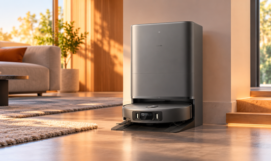 Xiaomi Robot Vacuum 6 Max with its omni station in a warm modern home with a rug and threshold