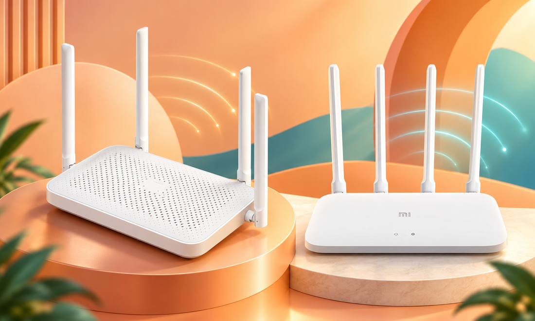 Xiaomi Router AX1500 and Mi Router 4A shown together on an orange and teal comparison cover