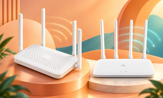 Xiaomi Router AX1500 and Mi Router 4A shown together on an orange and teal comparison cover