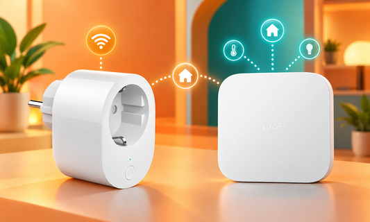 Xiaomi Smart Plug 2 and Smart Home Hub 2 connected in a warm orange and teal smart-home scene