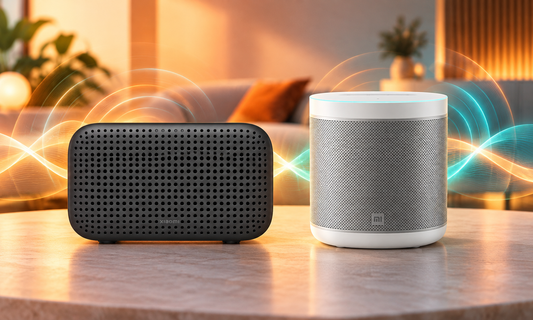 Xiaomi Smart Speaker Lite in black and Mi Smart Speaker in white with orange and teal sound waves