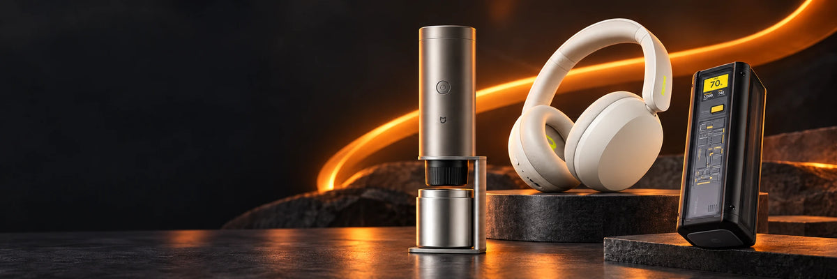 Mijia portable coffee maker, white headphones and Xiaomi power bank