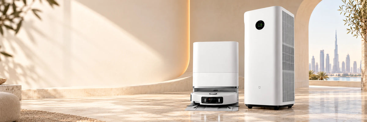 Xiaomi robot vacuum and Mijia Max air purifier in a bright modern home