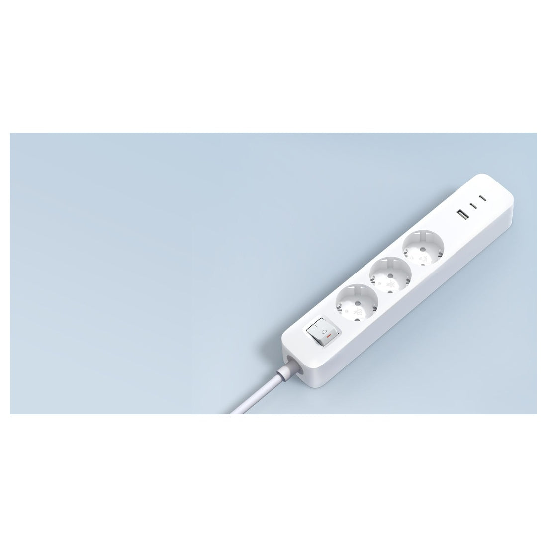 Complete Xiaomi European 20W power strip showing all three sockets, switch and USB ports