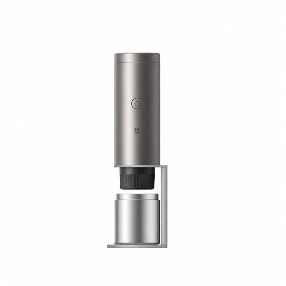 Xiaomi Mijia CMP001-B grey portable coffee machine with stand and cup on a white background