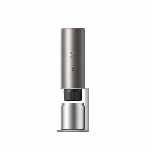 Xiaomi Mijia CMP001-B grey portable coffee machine with stand and cup on a white background