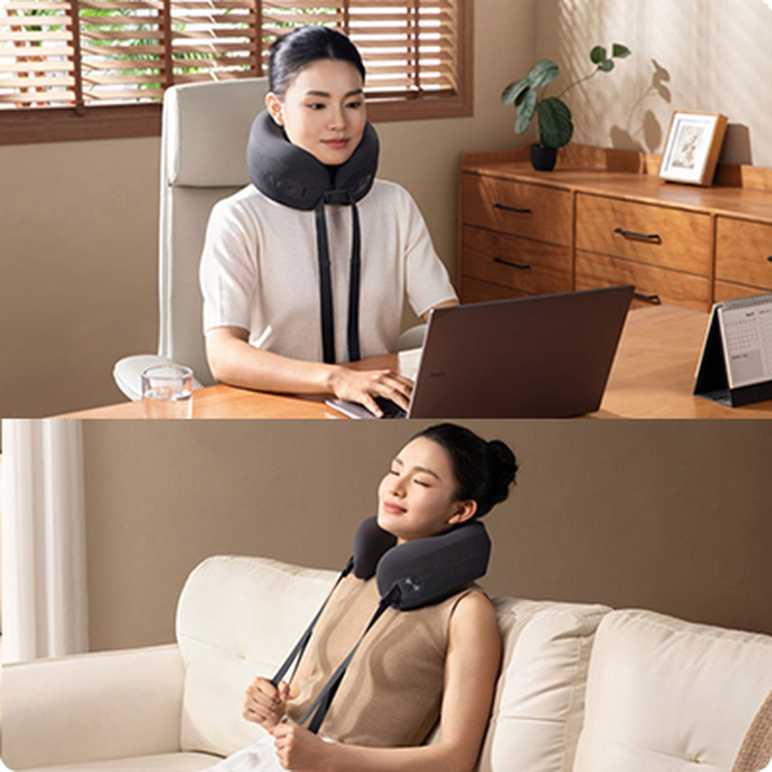 Mijia Smart Neck Pillow Massager used at a desk and on a sofa