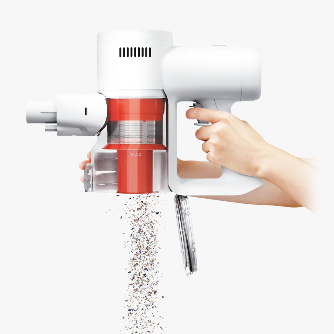 Mijia Vacuum Cleaner 4 C dust compartment opened for emptying