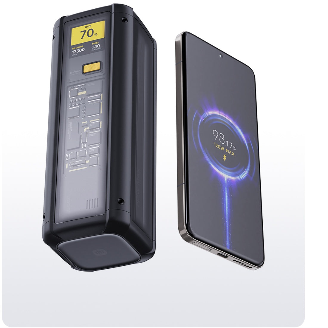 Xiaomi 212W HyperCharge Power Bank beside a compatible smartphone