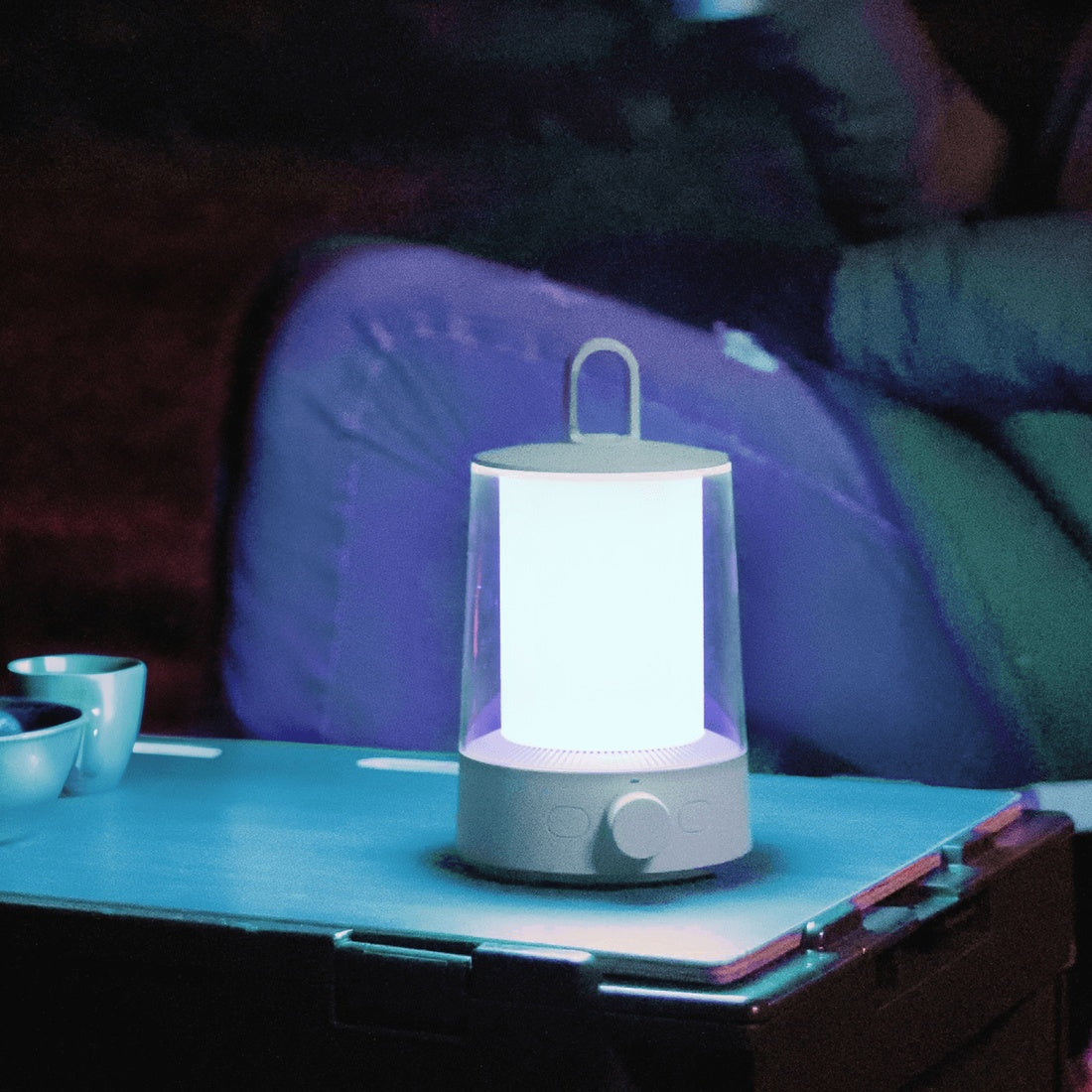 Xiaomi Multi-function Camping Lantern colourful RGB light at a campsite