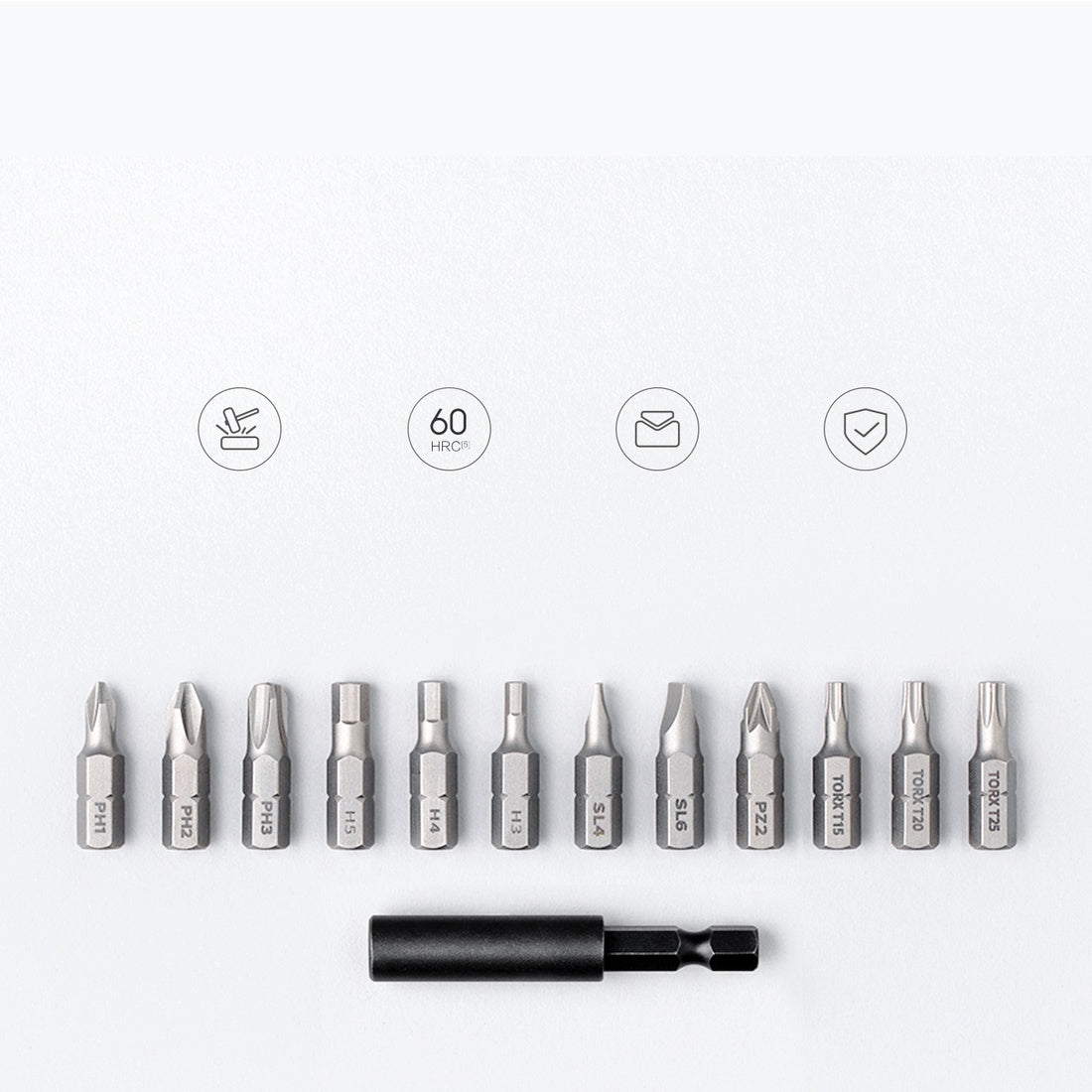 Twelve S2 steel screwdriver bits and extension rod included with Mi Cordless Screwdriver