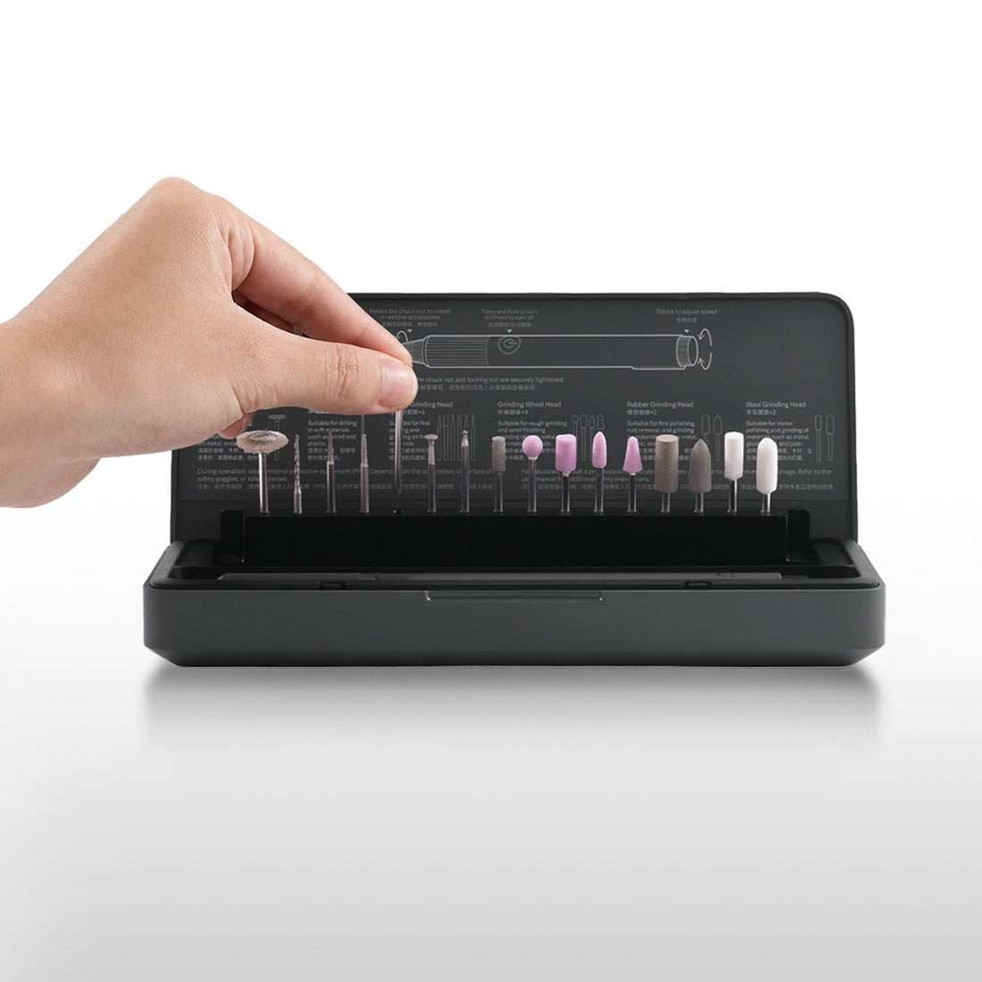 Open Mijia Rotary Tool Kit case showing the 16 accessory bits