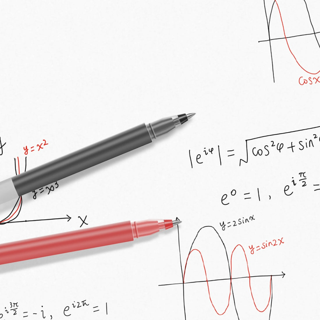 Manufacturer red and black writing illustration; ten red pens supplied