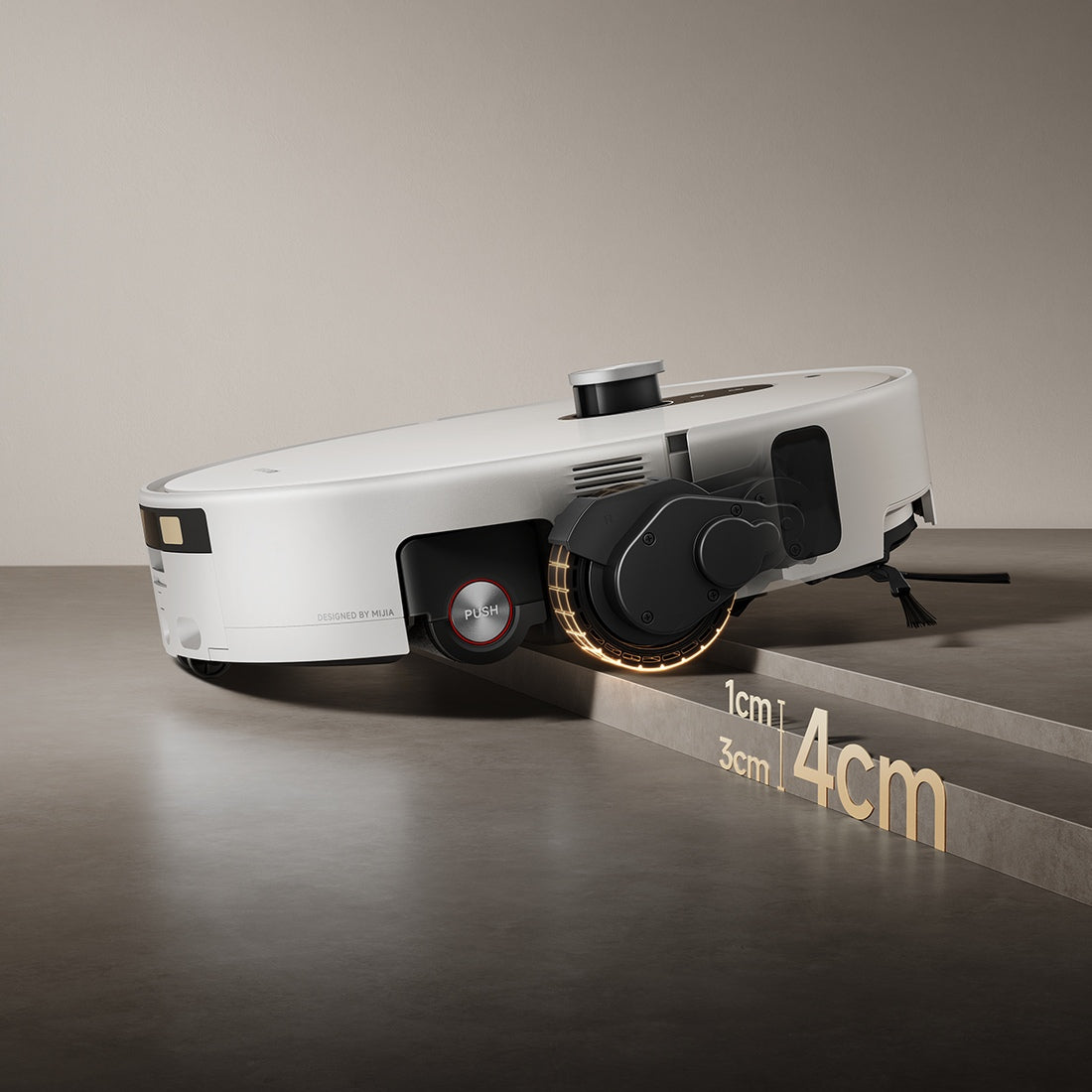 Xiaomi Robot Vacuum 6 Pro crossing a 3 cm plus 1 cm dual-step threshold illustration