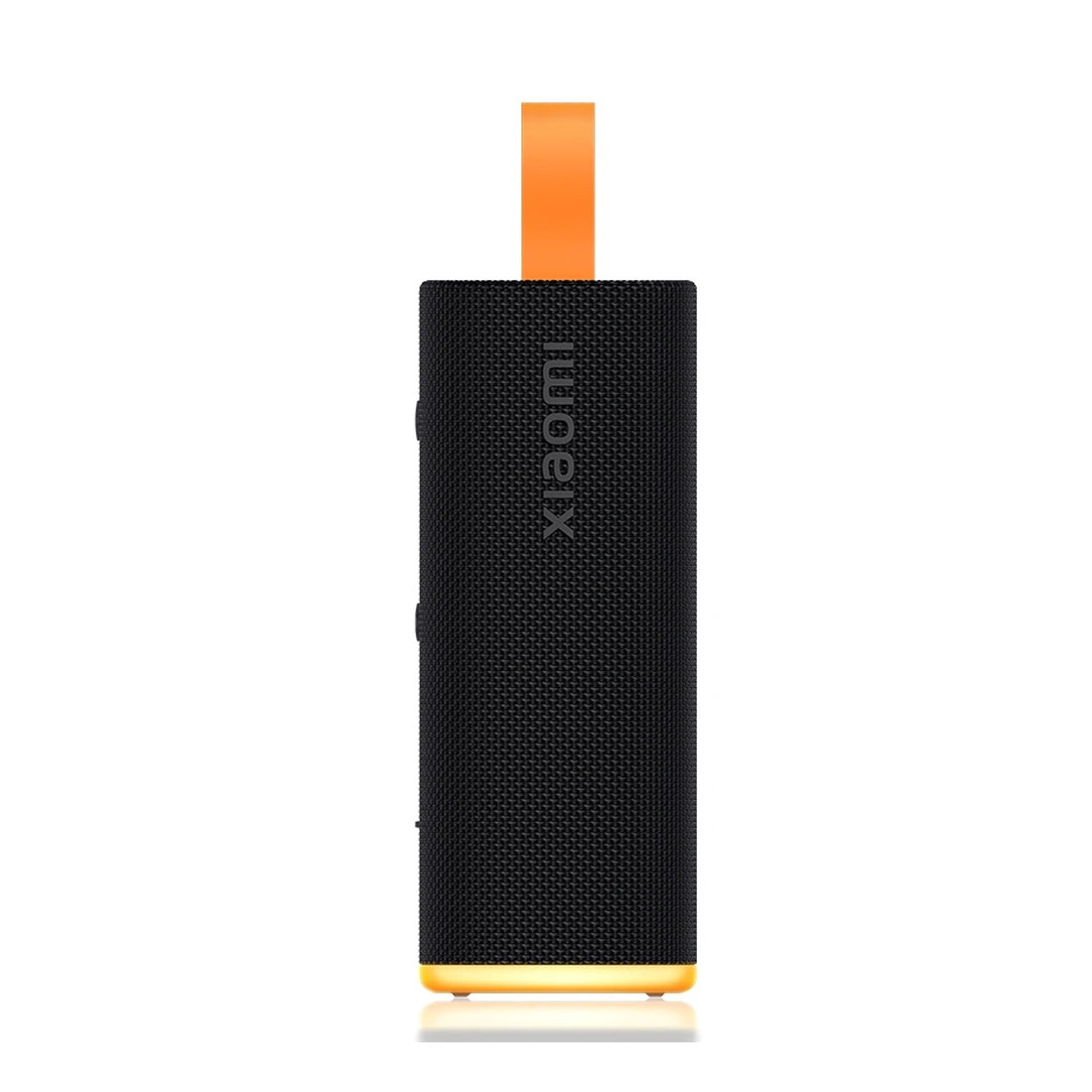 Xiaomi Sound Play portable Bluetooth speaker in black with orange strap on white background