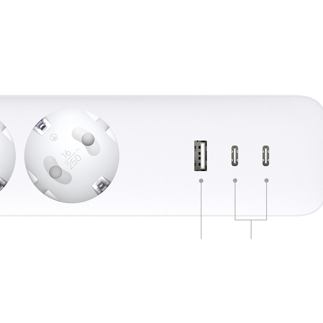 Close-up of Xiaomi 20W Power Strip two USB-C ports and USB-A port